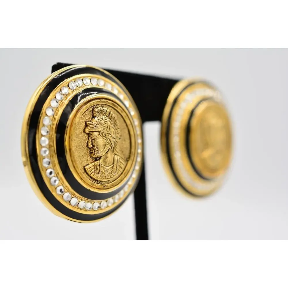Craft Vintage Spartan Coin Clip On Earrings Roman Gold Crystal Signed 80s BinAS